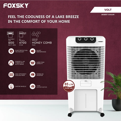 Foxsky Volt 85 L Desert Air Cooler with Honeycomb Cooling Pads, 100% Copper Motor, Ice Chamber, 2 Year Warranty, White