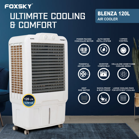 Foxsky Blenza 120 L Desert Air Cooler with Honeycomb Cooling Pads, 100% Copper Motor
