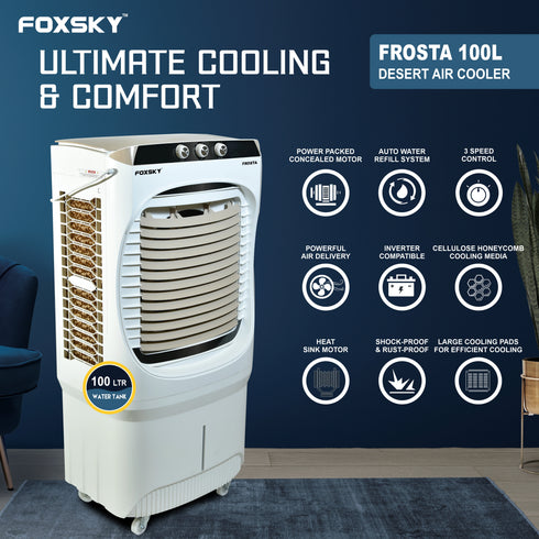 Foxsky Frosta 100 L Desert Air Cooler with Honeycomb Cooling Pads, 100% Copper Motor