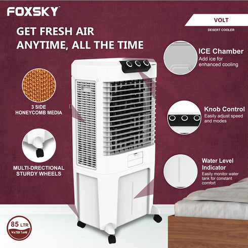 Foxsky Volt 85 L Desert Air Cooler with Honeycomb Cooling Pads, 100% Copper Motor, Ice Chamber, 2 Year Warranty, White