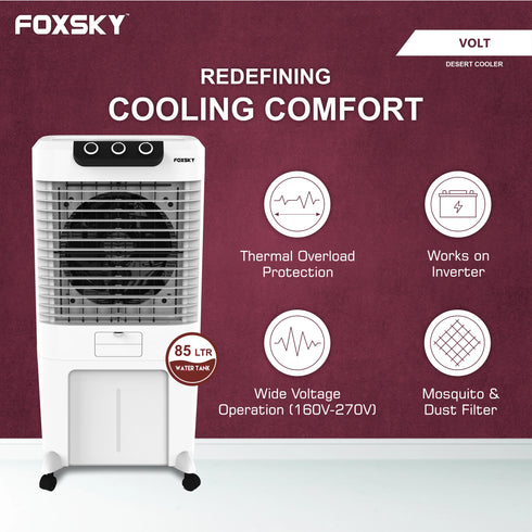Foxsky Volt 85 L Desert Air Cooler with Honeycomb Cooling Pads, 100% Copper Motor, Ice Chamber, 2 Year Warranty, White
