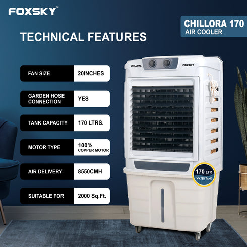 Foxsky Chillora 170 L Desert Air Cooler with Honeycomb Cooling Pads, 100% Copper Motor