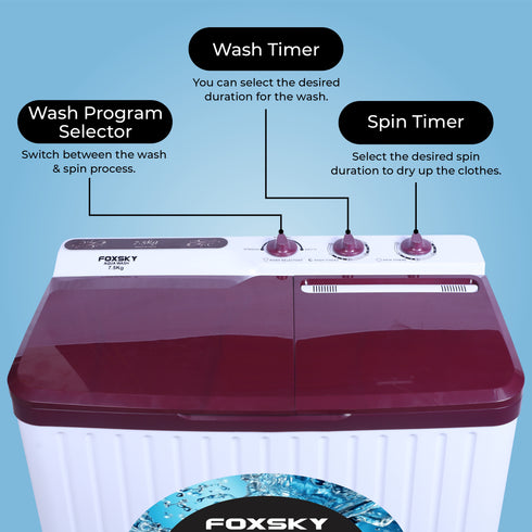 Foxsky 7.5 kg Semi-Automatic Top Load Washing Machine With Magic Filter (Aqua Wash, MAROON)