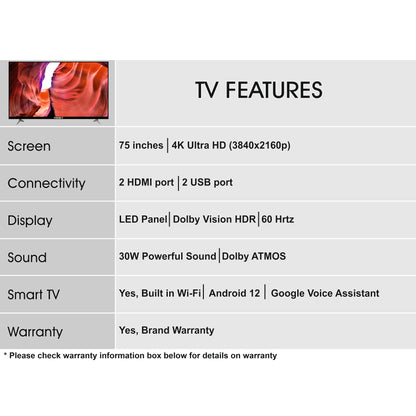 Foxsky 191 cm (75 inches) 4K Ultra HD Smart Android LED TV 75FS-VS | Built-in Google Voice Assistant (Frameless Series)