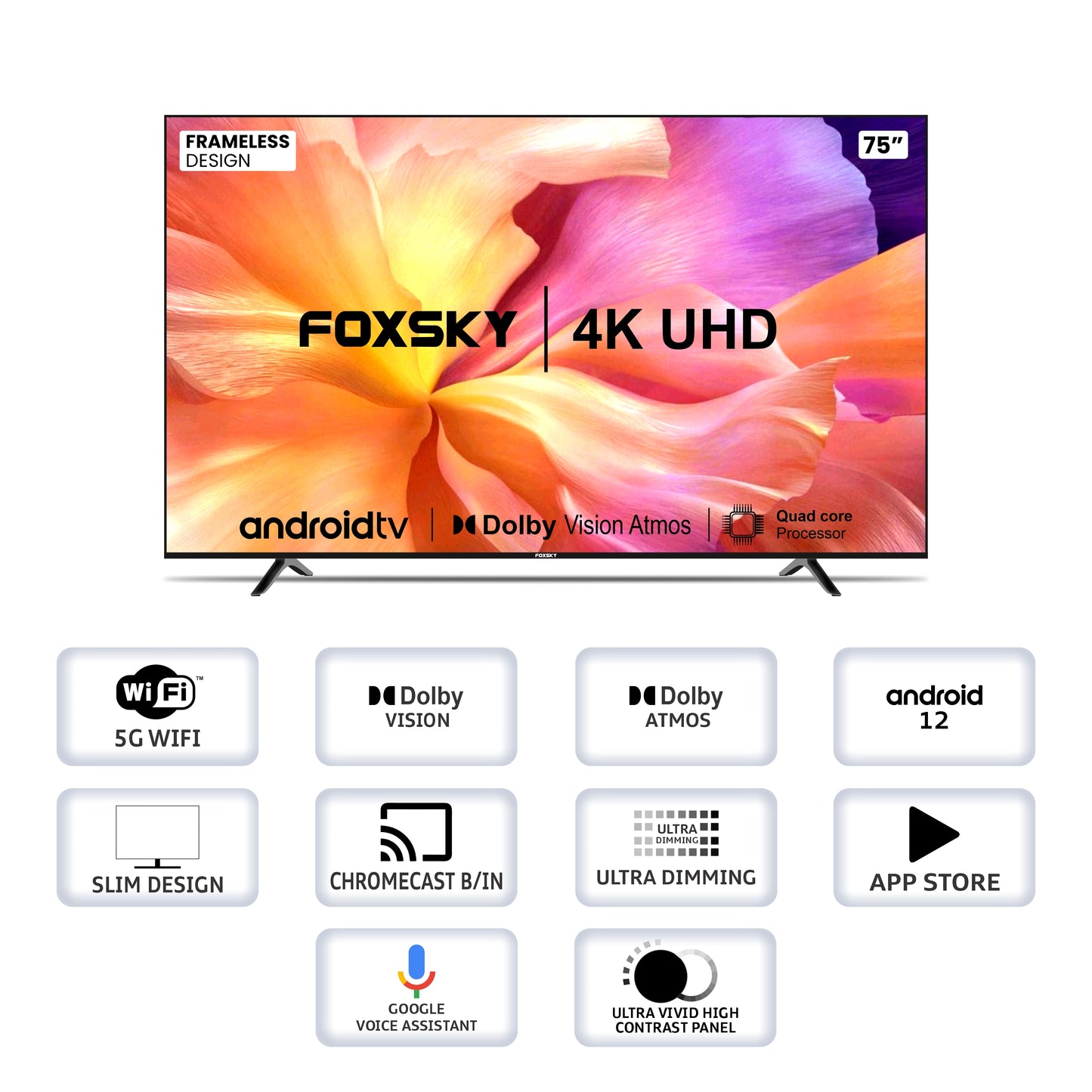 Foxsky 191 cm (75 inches) 4K Ultra HD Smart Android LED TV 75FS-VS | Built-in Google Voice Assistant (Frameless Series)