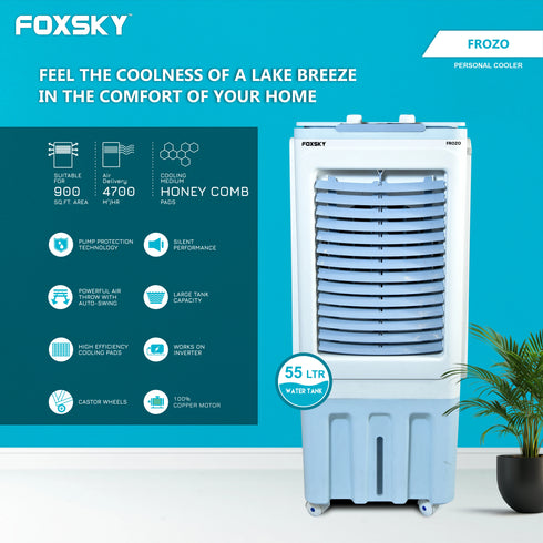 Foxsky Frozo 55 L Personal Air Cooler with Honeycomb Cooling Pads, 100% Copper Motor