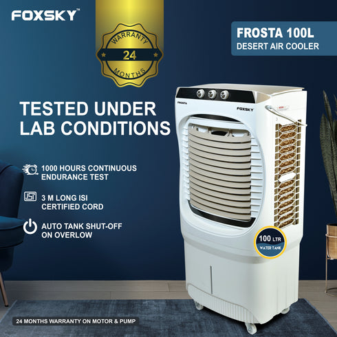 Foxsky Frosta 100 L Desert Air Cooler with Honeycomb Cooling Pads, 100% Copper Motor