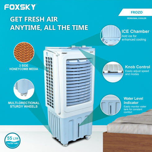 Foxsky Frozo 55 L Personal Air Cooler with Honeycomb Cooling Pads, 100% Copper Motor