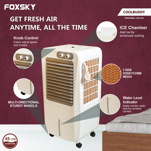 Foxsky Coolbuddy 45 L Personal Air Cooler with Honeycomb Cooling Pads, 100% Copper Motor