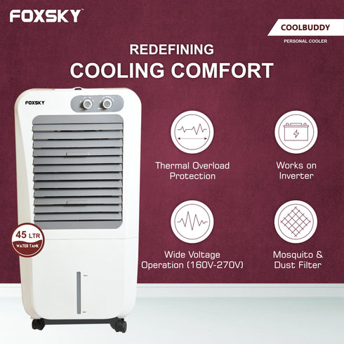 Foxsky Coolbuddy 45 L Personal Air Cooler with Honeycomb Cooling Pads, 100% Copper Motor