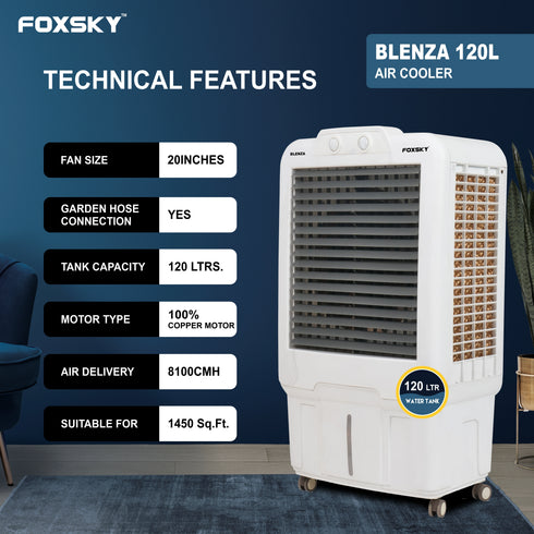 Foxsky Blenza 120 L Desert Air Cooler with Honeycomb Cooling Pads, 100% Copper Motor