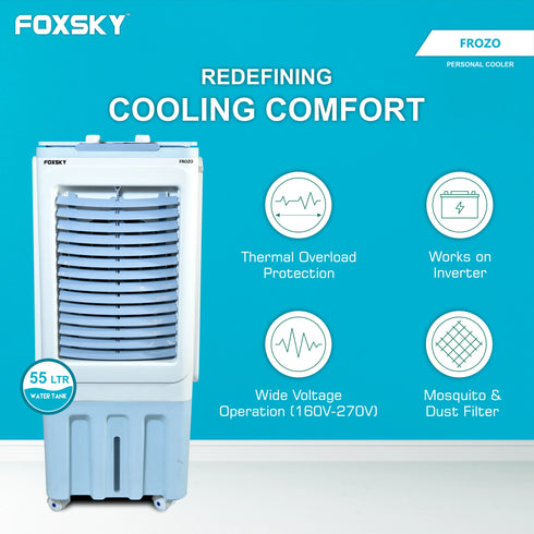 Foxsky Frozo 55 L Personal Air Cooler with Honeycomb Cooling Pads, 100% Copper Motor