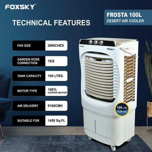 Foxsky Frosta 100 L Desert Air Cooler with Honeycomb Cooling Pads, 100% Copper Motor