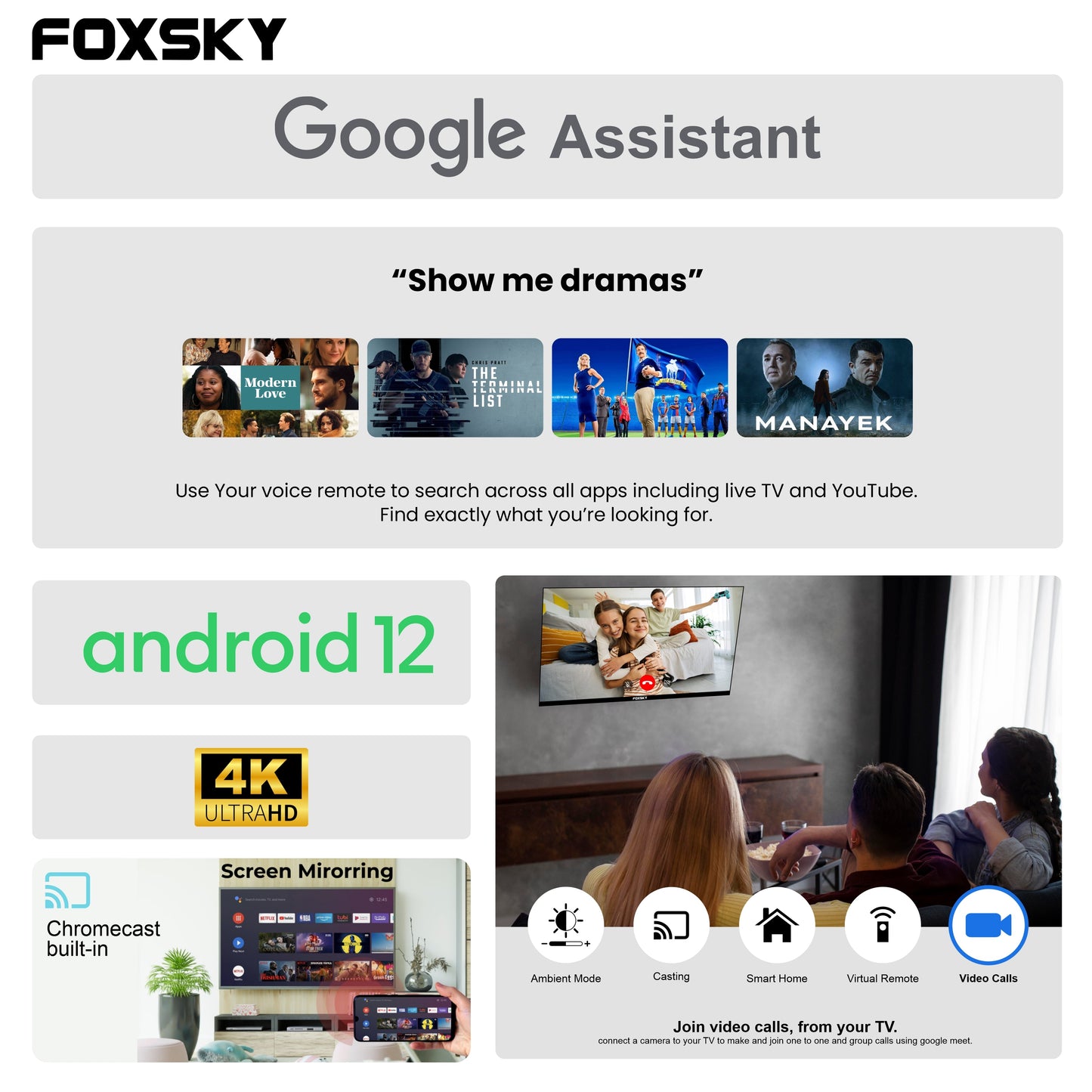 Foxsky 191 cm (75 inches) 4K Ultra HD Smart Android LED TV 75FS-VS | Built-in Google Voice Assistant (Frameless Series)
