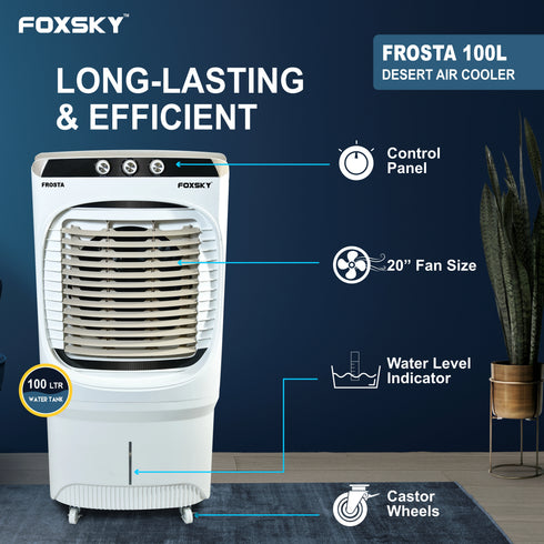 Foxsky Frosta 100 L Desert Air Cooler with Honeycomb Cooling Pads, 100% Copper Motor