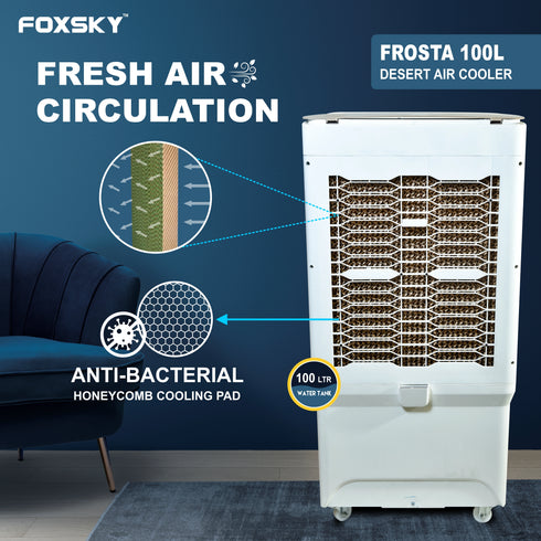 Foxsky Frosta 100 L Desert Air Cooler with Honeycomb Cooling Pads, 100% Copper Motor