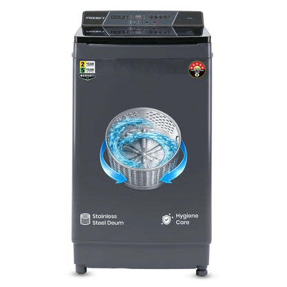 Foxsky 8 kg Top Load washing Machine, 5 Star Pure Wash with Stainless Steel Drum, Double Waterfall, Magic Filter and Multiple Wash Programs, 3D Rollers Technology, Collar Scrubber, Turbo Dry Technology, Fully Automatic Top Load Grey (AW8000FATL)