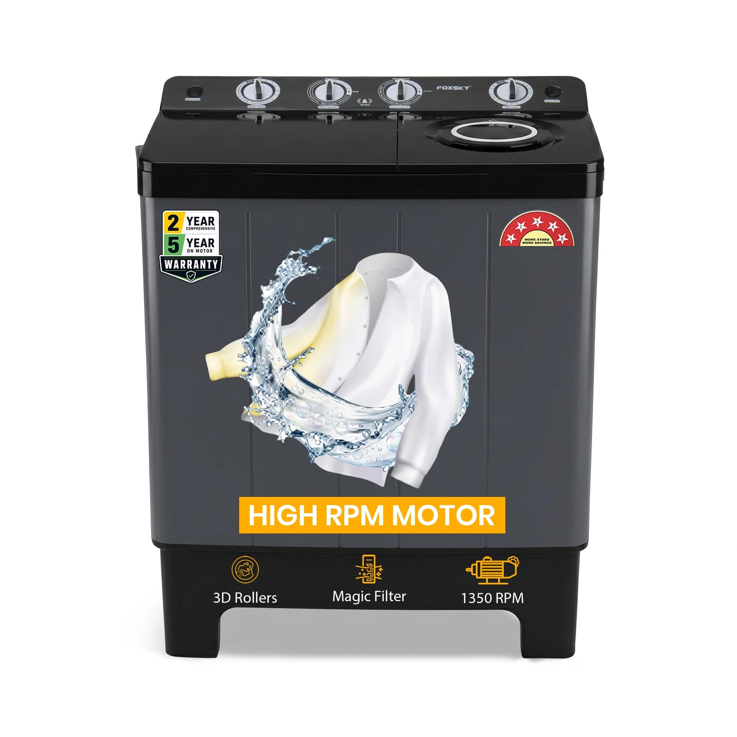 Foxsky 9.5 kg Semi Automatic Top Load Washing Machine with 3D Scrub Technology, Aqua Wash, Grey (AW9500SATL)