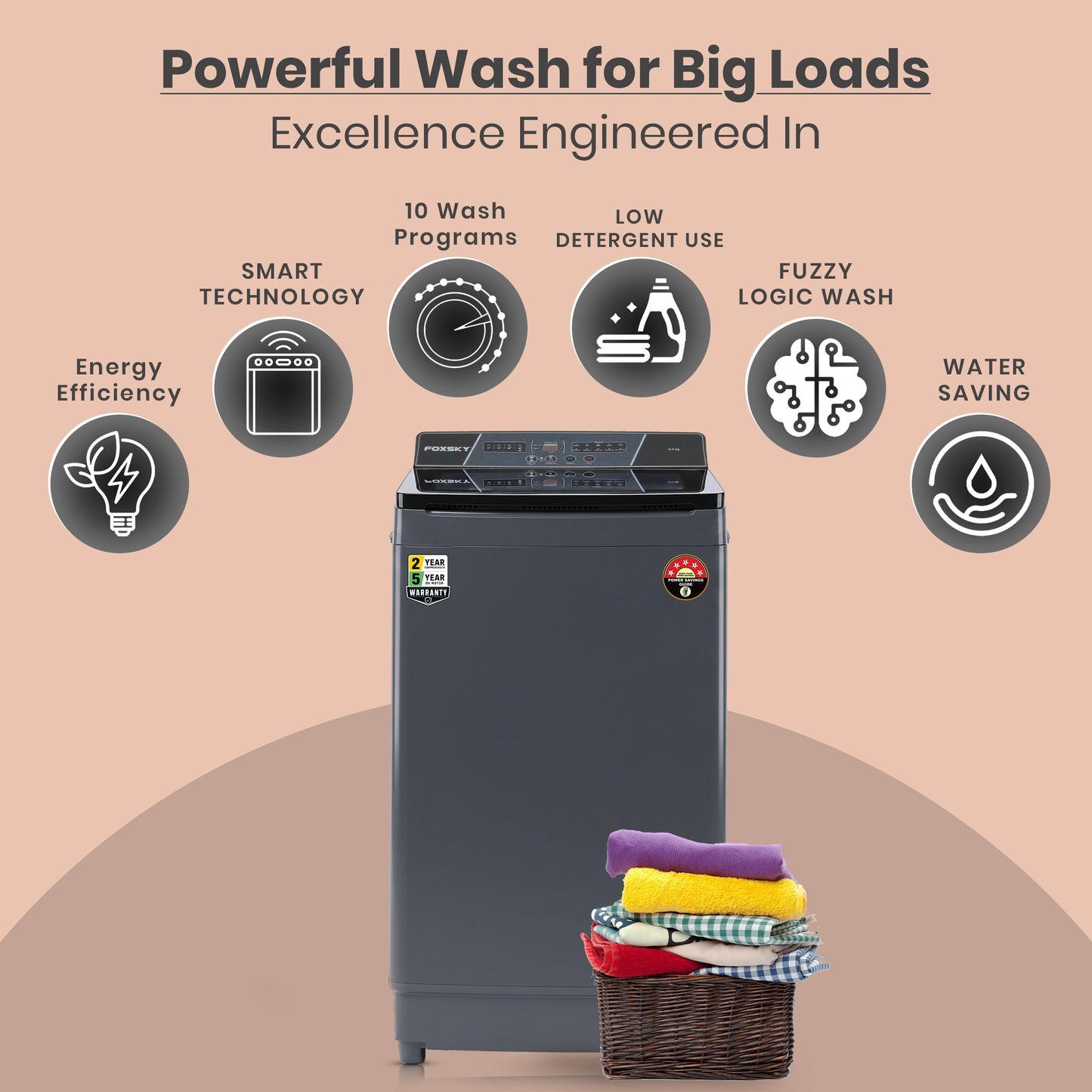 Foxsky 8 kg Top Load washing Machine, 5 Star Pure Wash with Stainless Steel Drum, Double Waterfall, Magic Filter and Multiple Wash Programs, 3D Rollers Technology, Collar Scrubber, Turbo Dry Technology, Fully Automatic Top Load Grey (AW8000FATL)