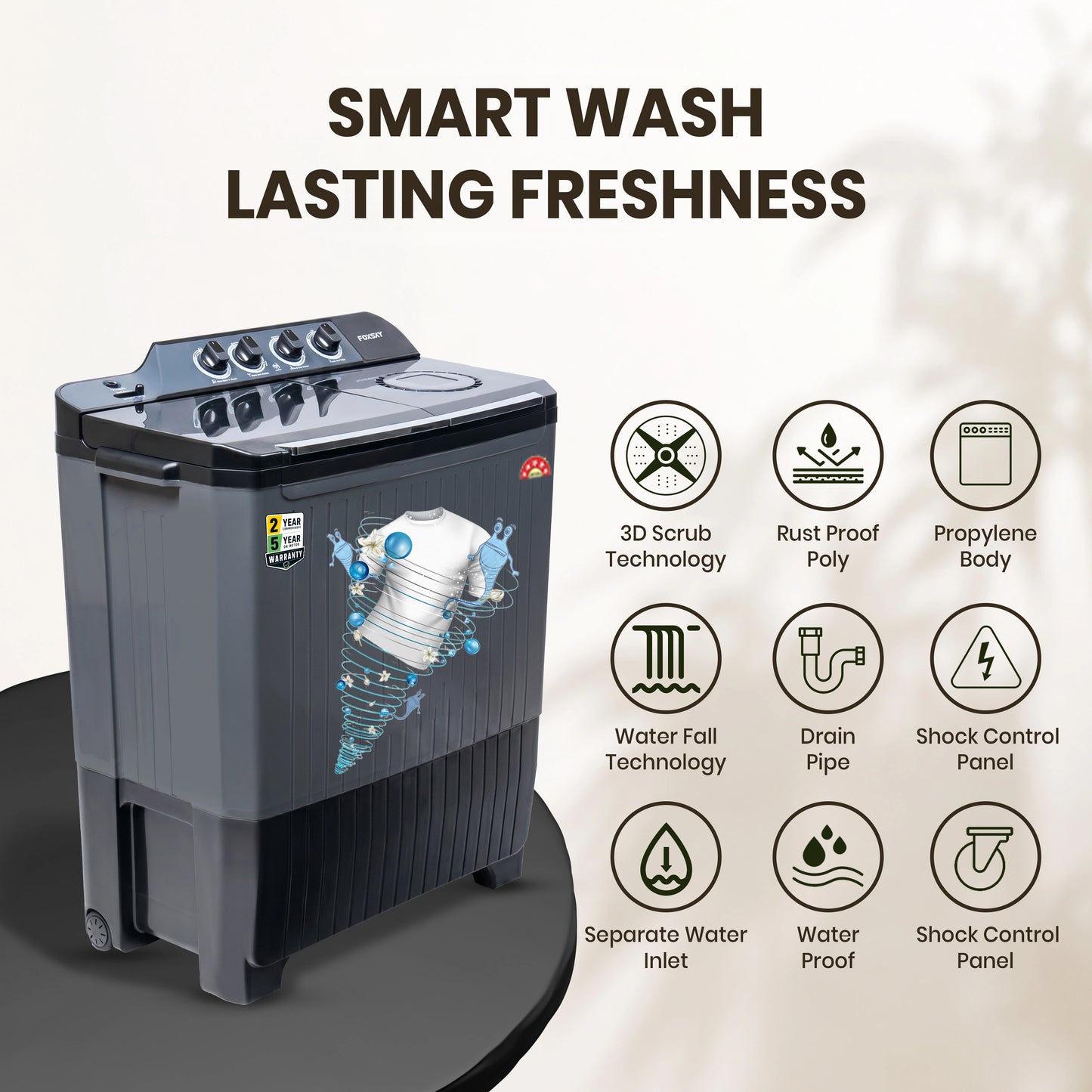 Foxsky 11 kg Semi Automatic Top Load Washing Machine with 3D Scrub Technology, Aqua Wash, Grey (AW1100SATL)