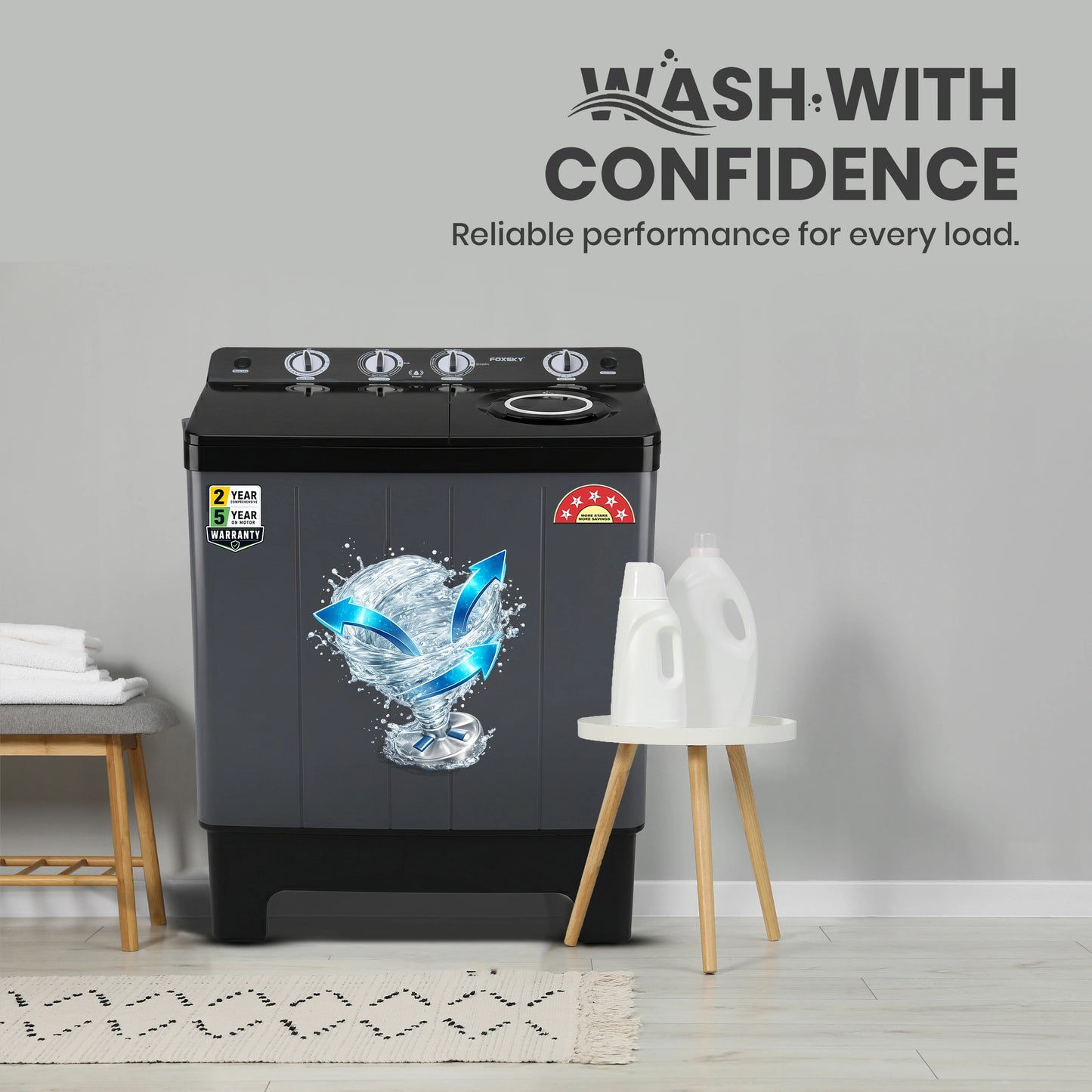 Foxsky 9.5 kg Semi Automatic Top Load Washing Machine with 3D Scrub Technology, Aqua Wash, Grey (AW9500SATL)