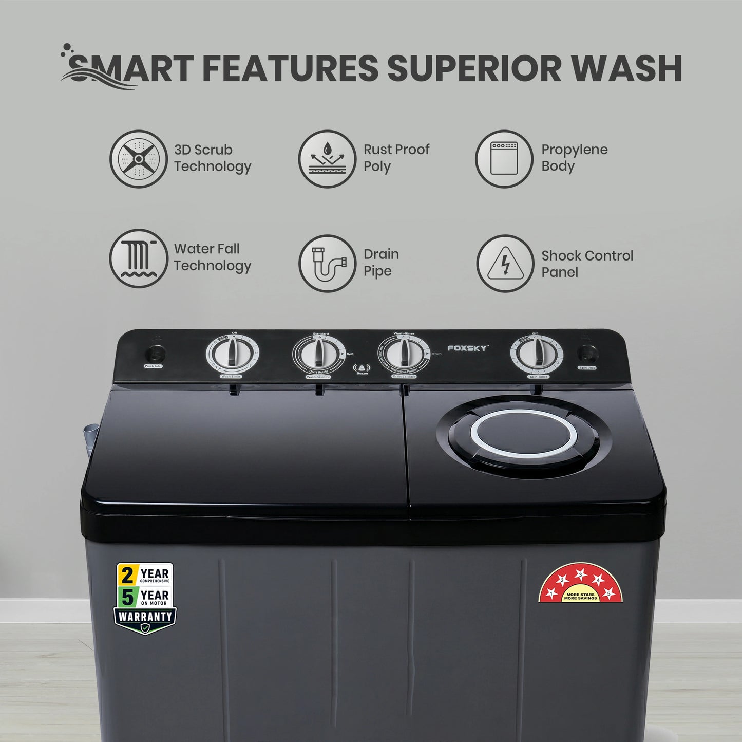 Foxsky 9.5 kg Semi Automatic Top Load Washing Machine with 3D Scrub Technology, Aqua Wash, Grey (AW9500SATL)