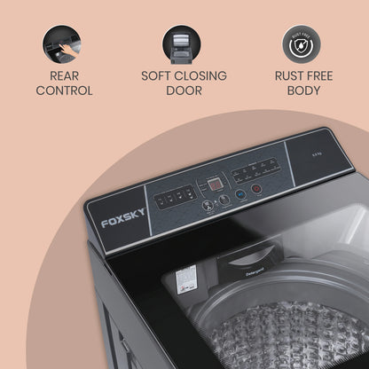 Foxsky 8 kg Top Load washing Machine, 5 Star Pure Wash with Stainless Steel Drum, Double Waterfall, Magic Filter and Multiple Wash Programs, 3D Rollers Technology, Collar Scrubber, Turbo Dry Technology, Fully Automatic Top Load Grey (AW8000FATL)