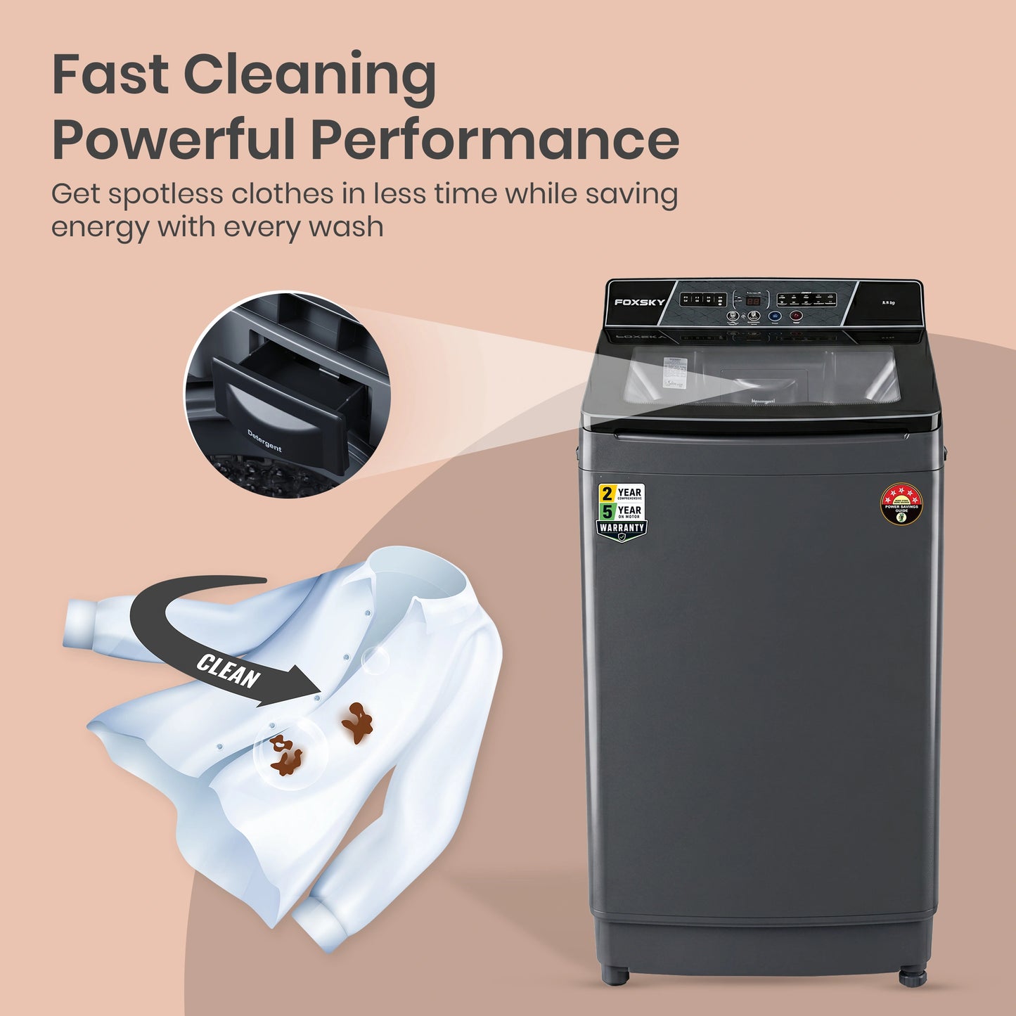 Foxsky 8 kg Top Load washing Machine, 5 Star Pure Wash with Stainless Steel Drum, Double Waterfall, Magic Filter and Multiple Wash Programs, 3D Rollers Technology, Collar Scrubber, Turbo Dry Technology, Fully Automatic Top Load Grey (AW8000FATL)
