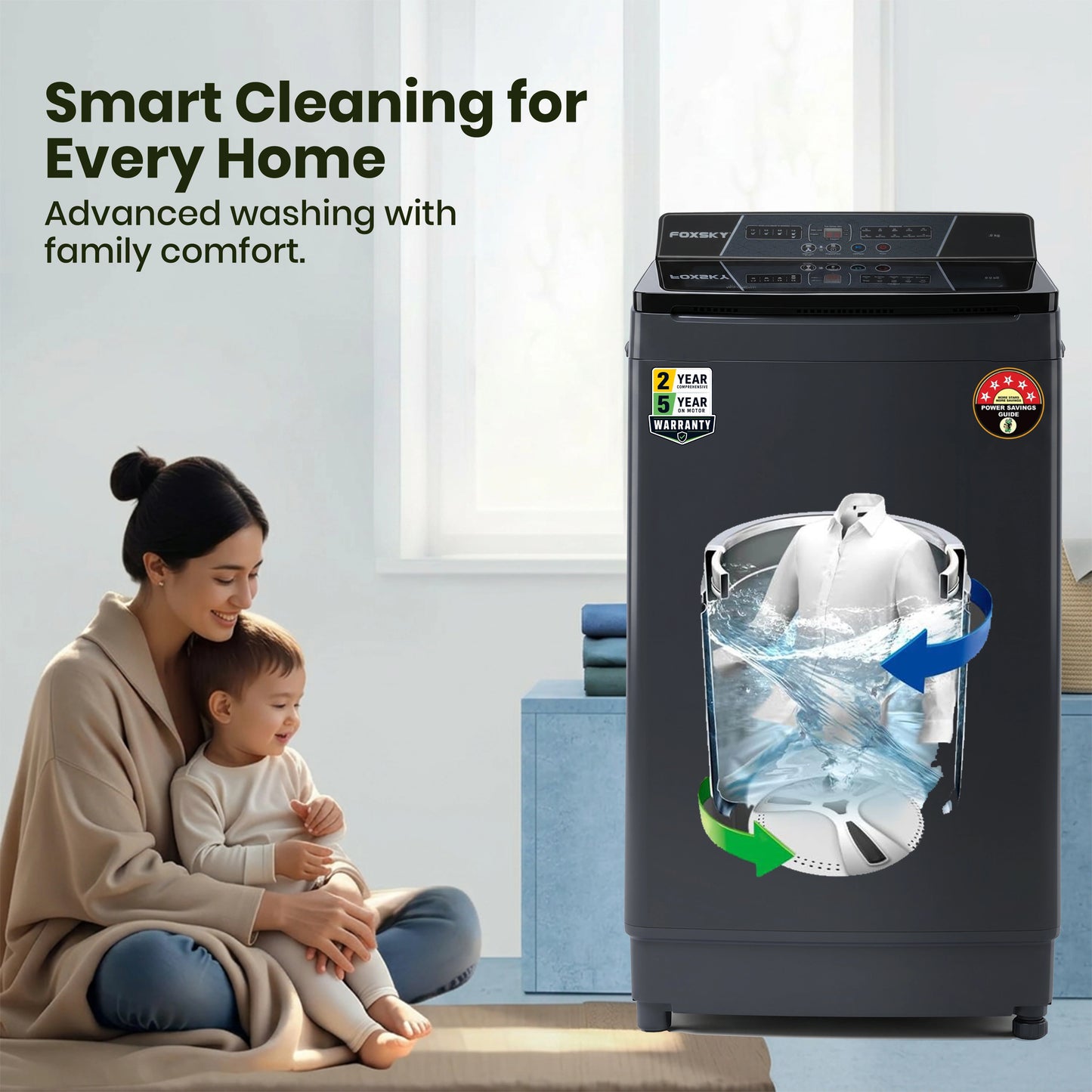 Foxsky 9 kg Top Load washing Machine, 5 Star Pure Wash with Stainless Steel Drum, Double Waterfall, Magic Filter and Multiple Wash Programs, 3D Rollers Technology, Collar Scrubber, Turbo Dry Technology, Fully Automatic Top Load Grey (AW9000FATL)