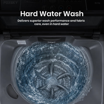 Foxsky 8 kg Top Load washing Machine, 5 Star Pure Wash with Stainless Steel Drum, Double Waterfall, Magic Filter and Multiple Wash Programs, 3D Rollers Technology, Collar Scrubber, Turbo Dry Technology, Fully Automatic Top Load Grey (AW8000FATL)