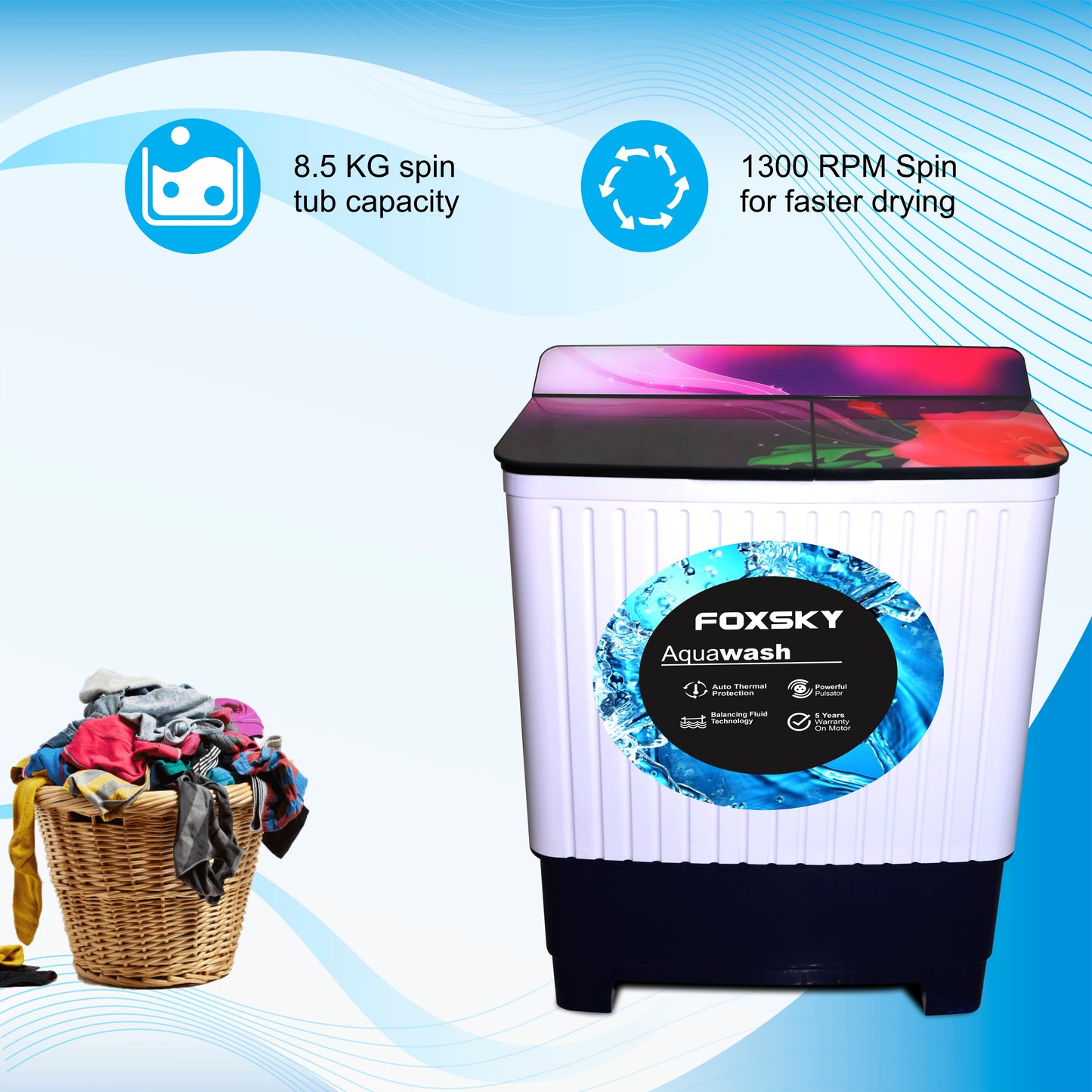 Foxsky 8.5 kg Semi-Automatic Top Load Washing Machine With Magic Filter (Aqua Wash, MAROON)