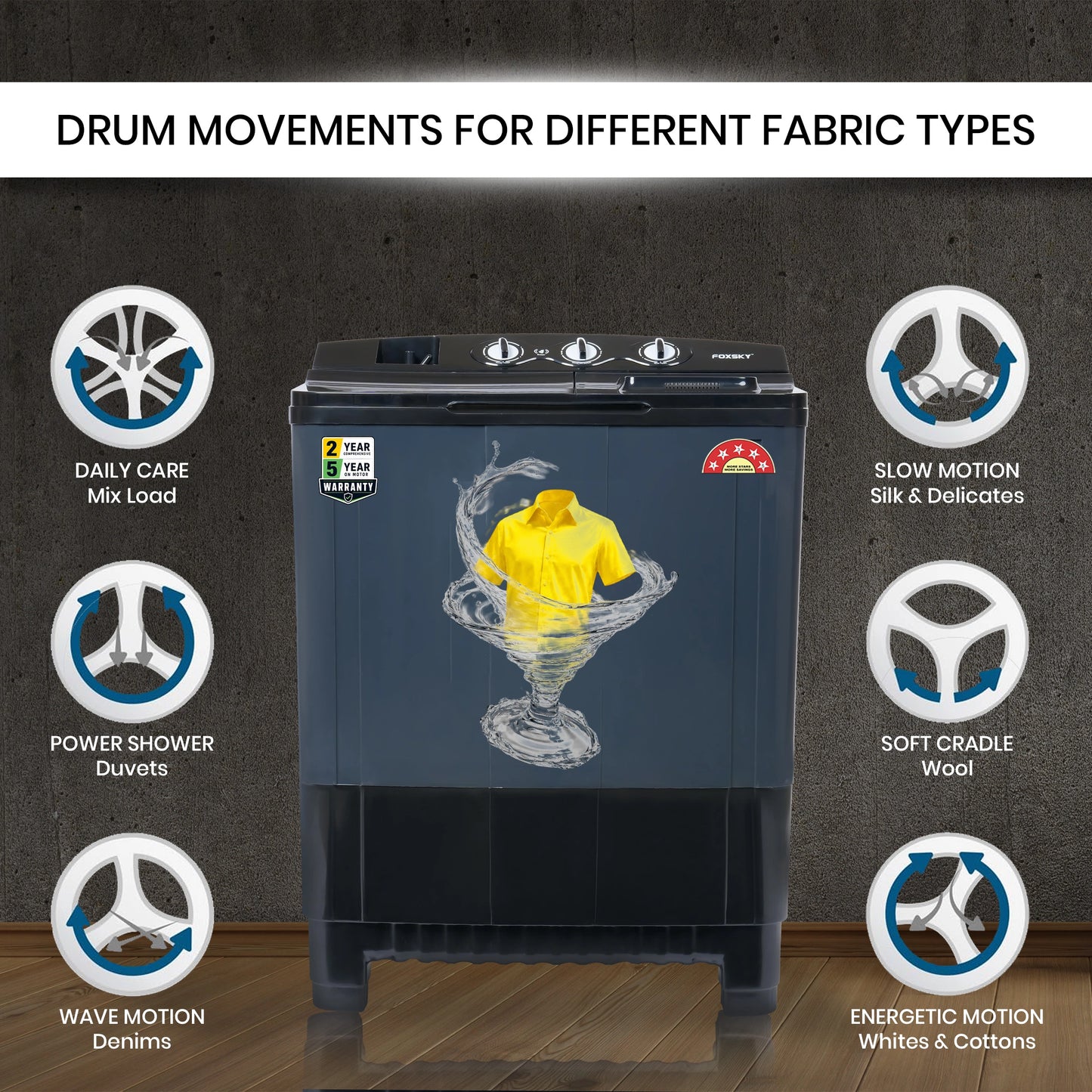 Foxsky 8.2 kg Semi Automatic Top Load Washing Machine with 3D Scrub Technology, Aqua Wash, Black (AW8200SATL)