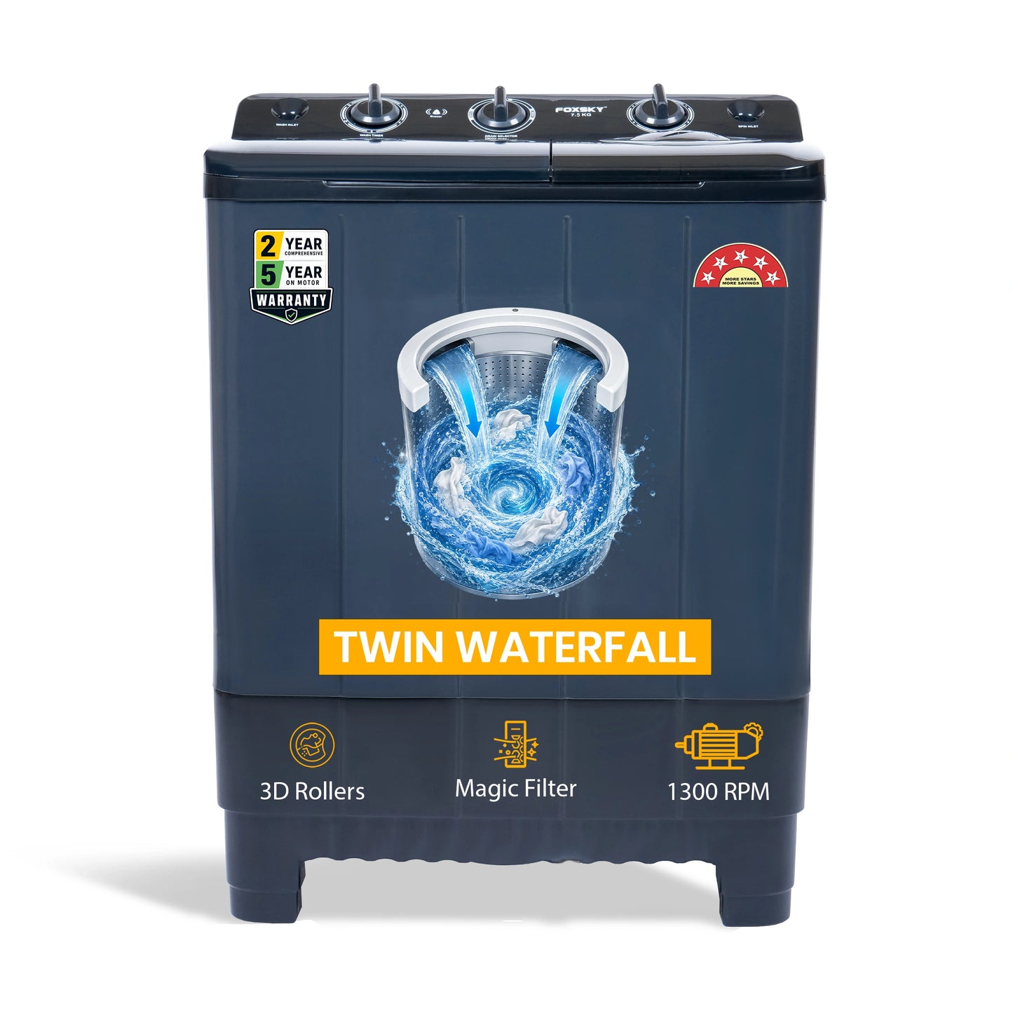 Foxsky 7.5 kg Semi-Automatic Top Load Washing Machine with 3D Scrub Technology, Aqua Wash, Grey (AW7500SATL)