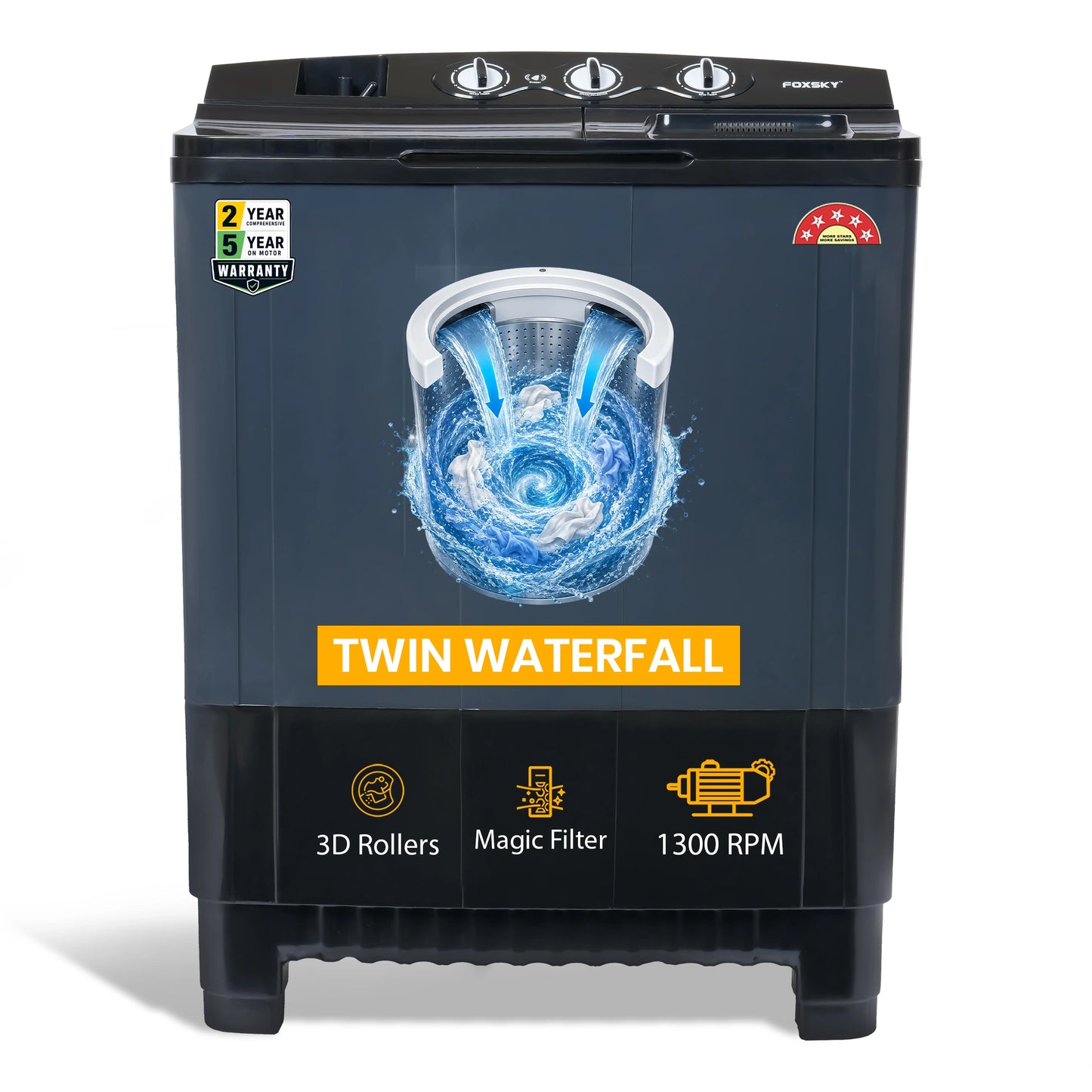 Foxsky 8.2 kg Semi Automatic Top Load Washing Machine with 3D Scrub Technology, Aqua Wash, Black (AW8200SATL)
