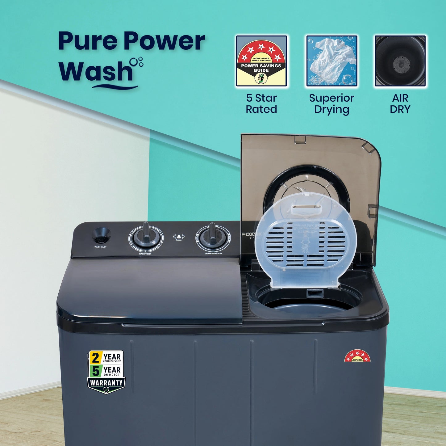 Foxsky 7.5 kg Semi-Automatic Top Load Washing Machine with 3D Scrub Technology, Aqua Wash, Grey (AW7500SATL)