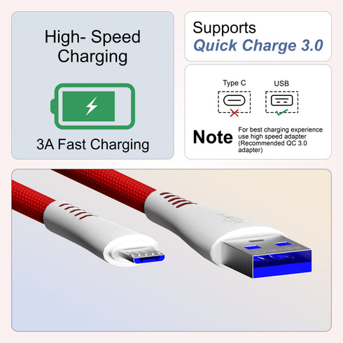 Foxsky Type V USB 3 Amp Fast Charging Data Cable Extra Tough Quick Charge (1.5M) - Red