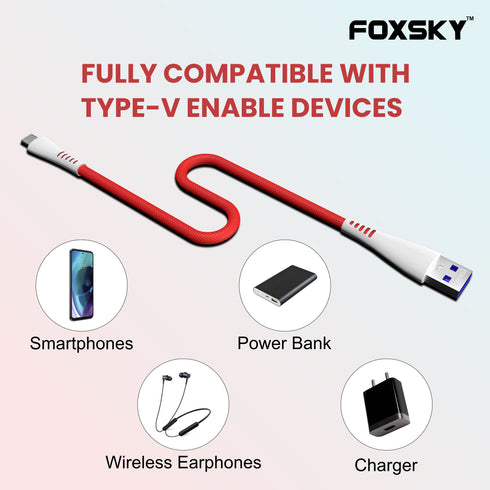 Foxsky Type V USB 3 Amp Fast Charging Data Cable Extra Tough Quick Charge (1.5M) - Red