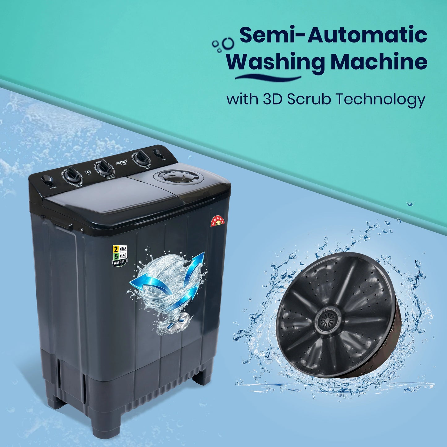 Foxsky 7.5 kg Semi-Automatic Top Load Washing Machine with 3D Scrub Technology, Aqua Wash, Grey (AW7500SATL)