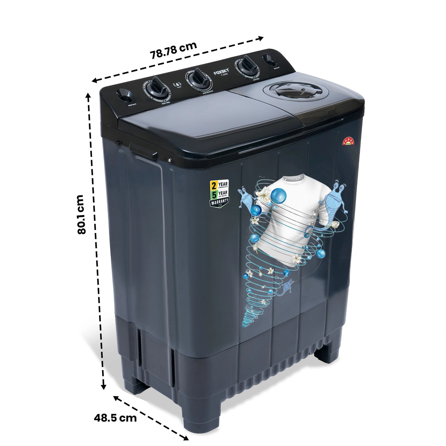 Foxsky 7.5 kg Semi-Automatic Top Load Washing Machine with 3D Scrub Technology, Aqua Wash, Grey (AW7500SATL)