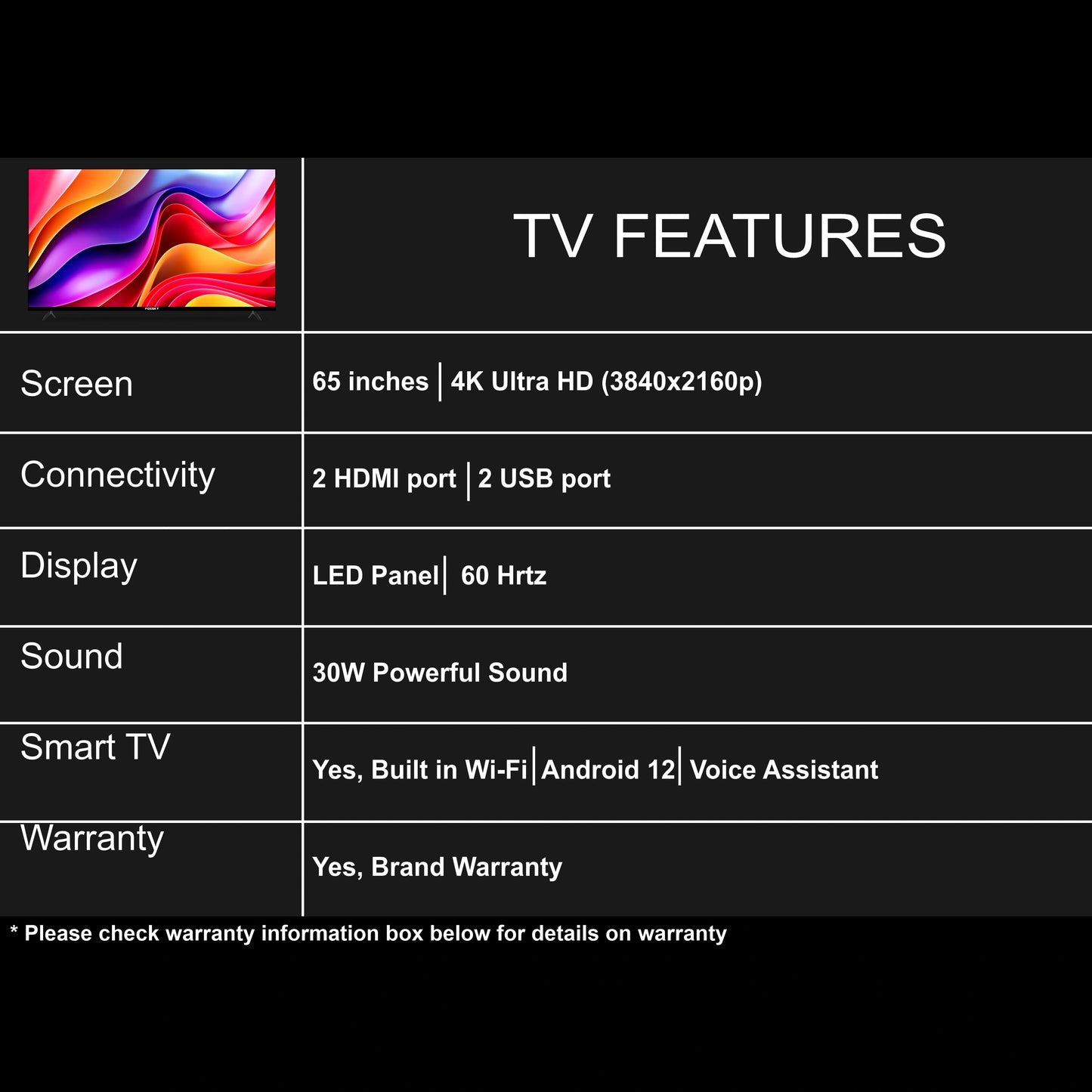 Foxsky 165 cm (65 inches) 4K Ultra HD Smart Android LED TV 65FS-VS | Built-in Google Voice Assistant