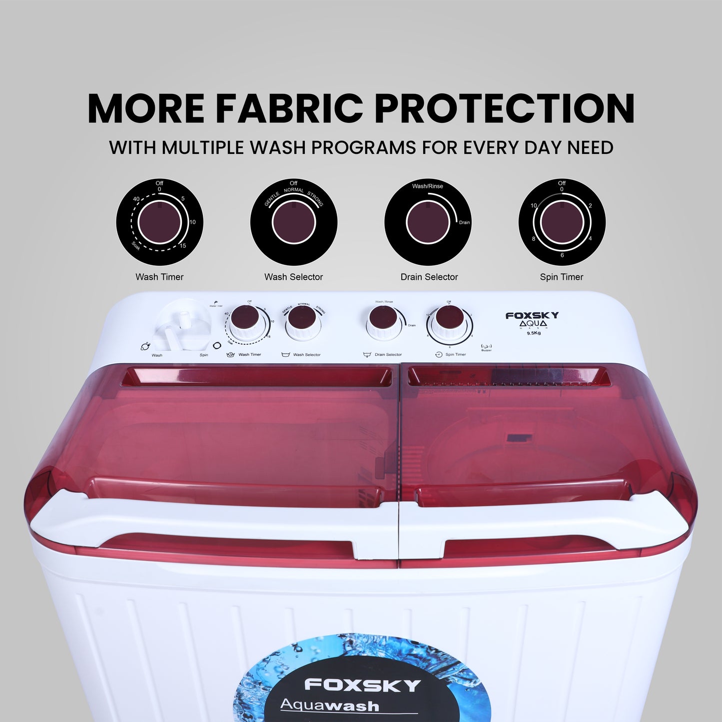 Foxsky 9.5 kg Semi-Automatic Top Load Washing Machine With Magic Filter (Aqua Wash, MAROON)
