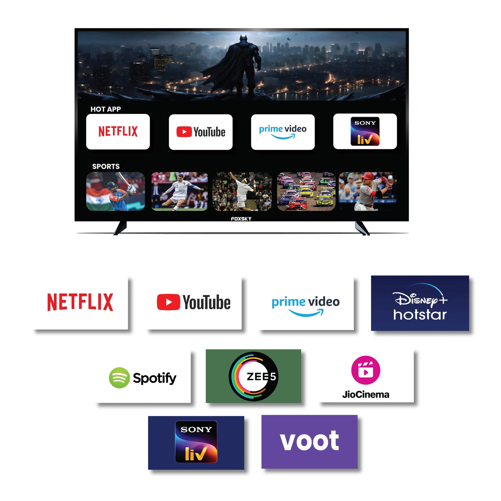 Smart TV displaying streaming app icons with a list of popular streaming services below.