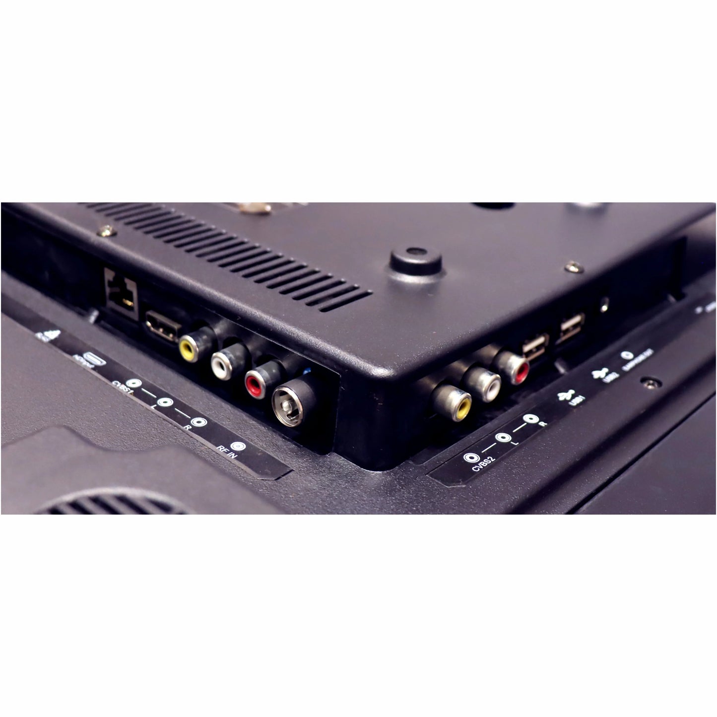 Back view of electronic equipment with connectors on a white background