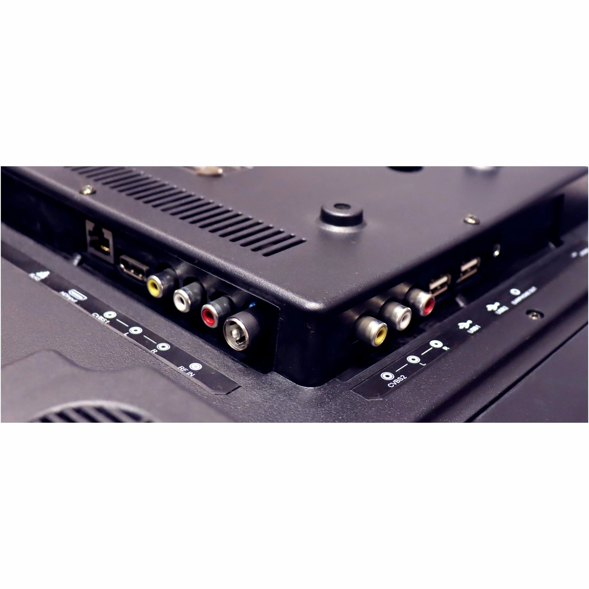 Back view of electronic equipment with connectors on a white background