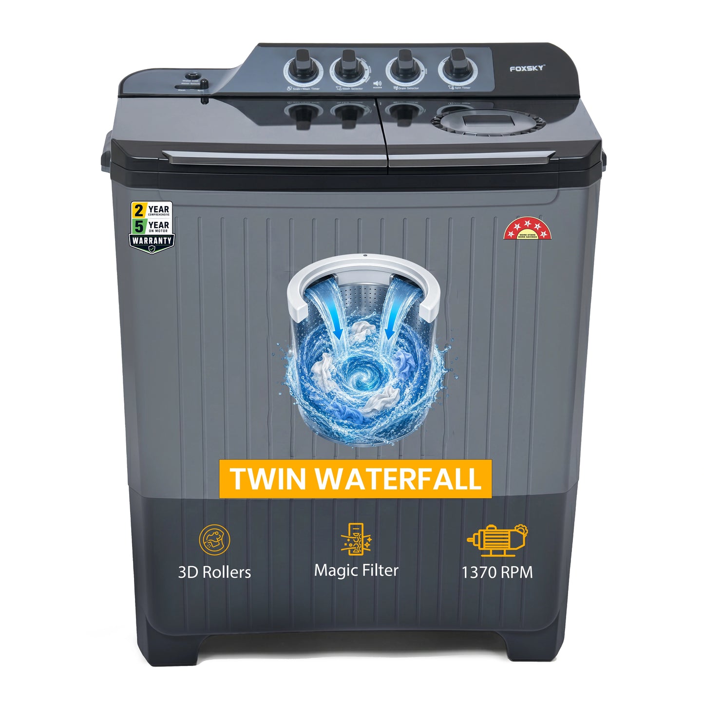 Foxsky 11 kg Semi Automatic Top Load Washing Machine with 3D Scrub Technology, Aqua Wash, Grey (AW1100SATL)