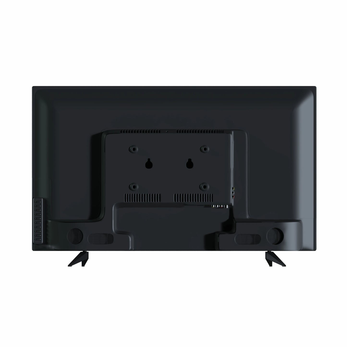 Back view of a black flat-screen TV on a white background