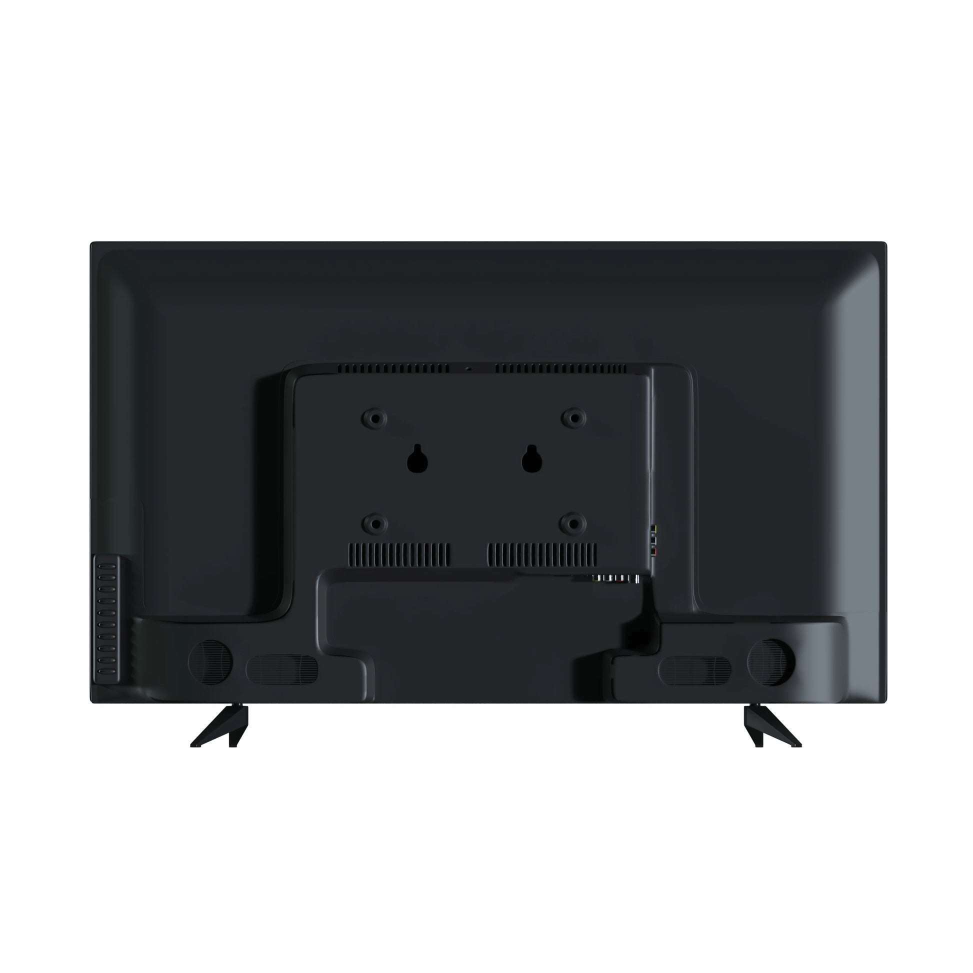 Back view of a black flat-screen TV on a white background