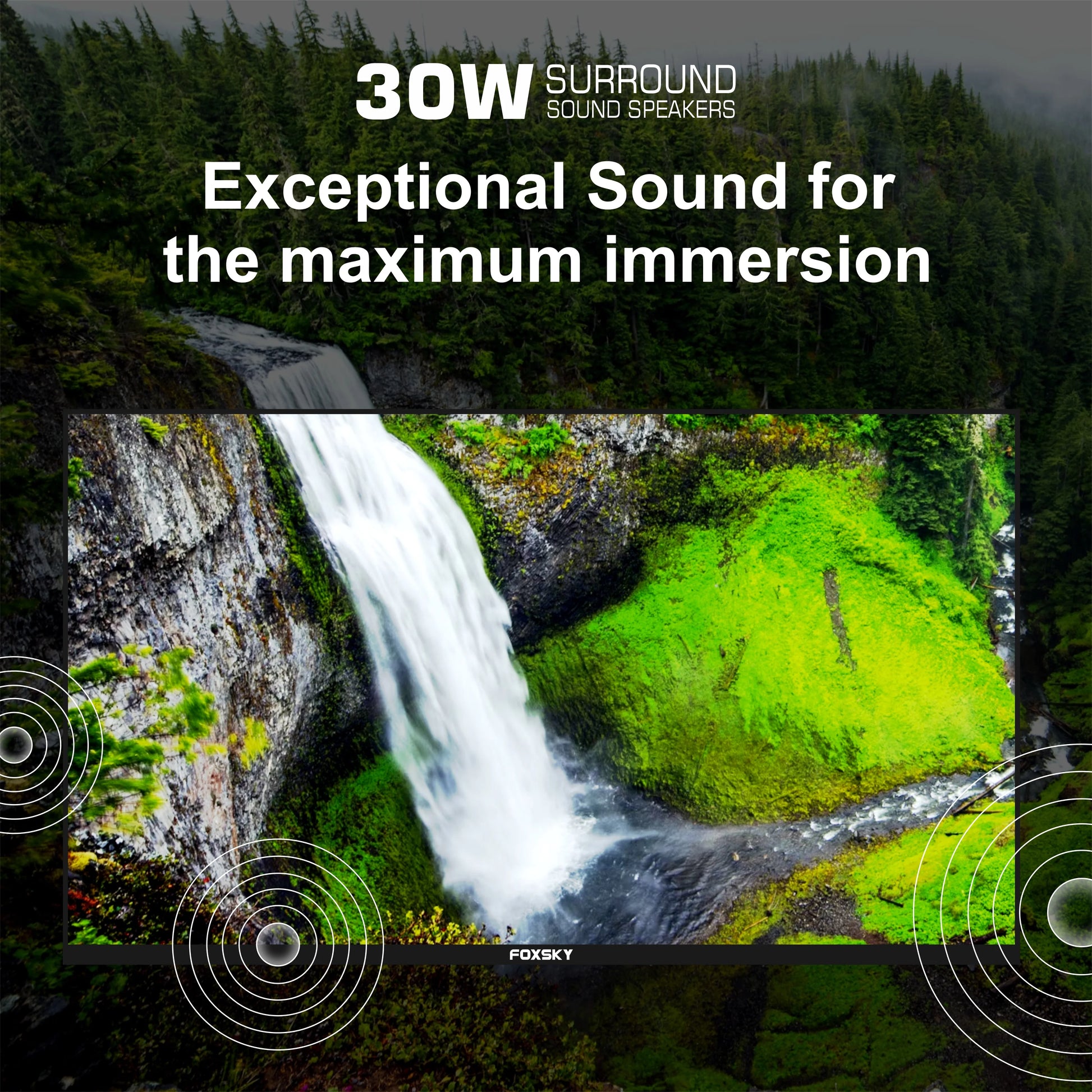 Advertisement for 30W surround sound speakers with a waterfall and forest background.