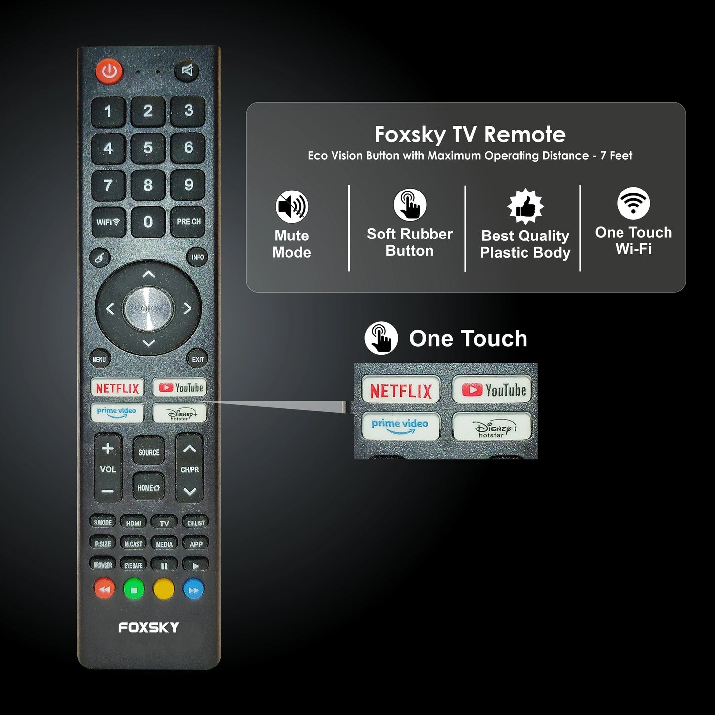 Foxsky TV remote control with features highlighted on a black background