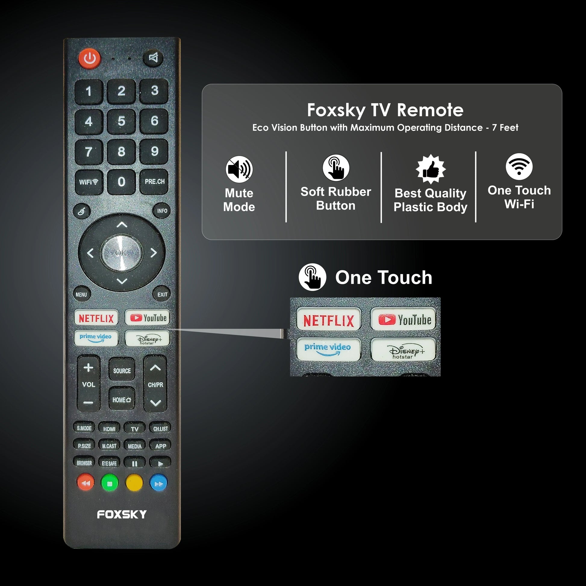 Foxsky TV remote control with features highlighted on a black background